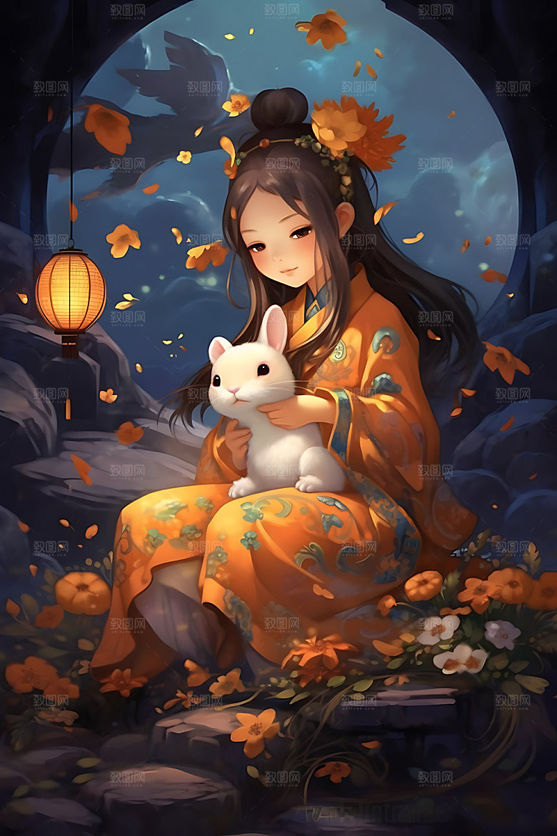 中秋玉兔唯美手绘插画