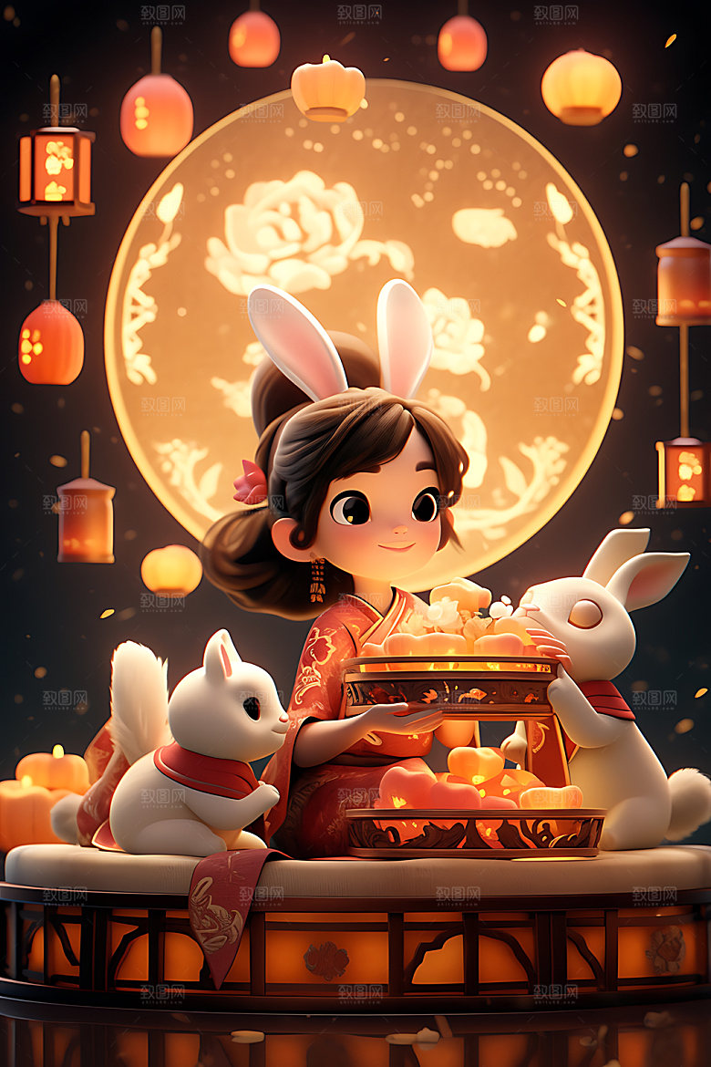 中秋玉兔嫦娥手绘插画