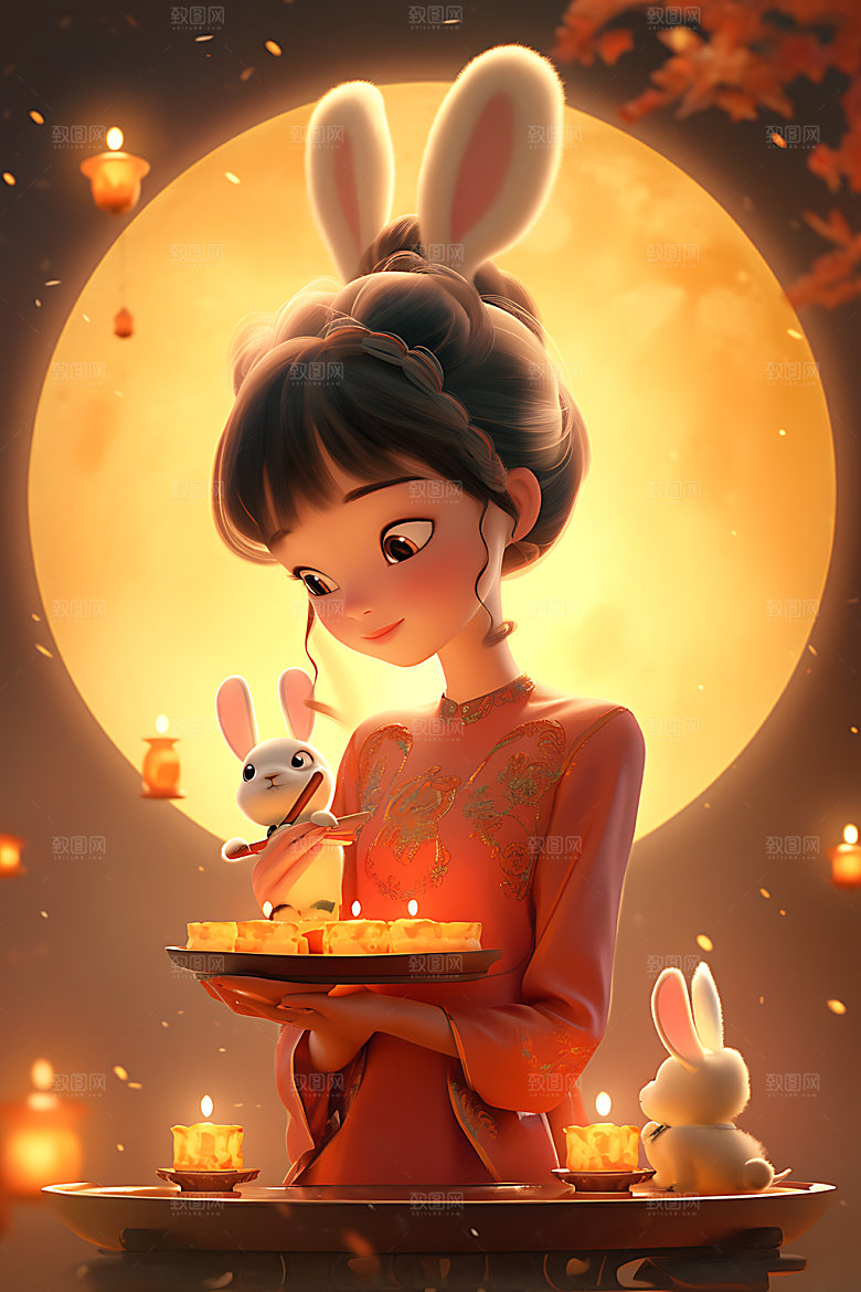 中秋玉兔唯美卡通插画