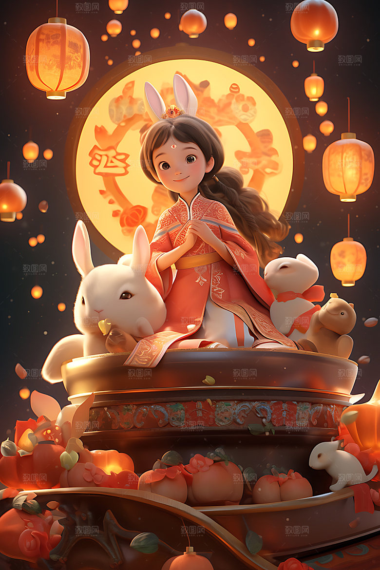 中秋玉兔手绘月圆插画