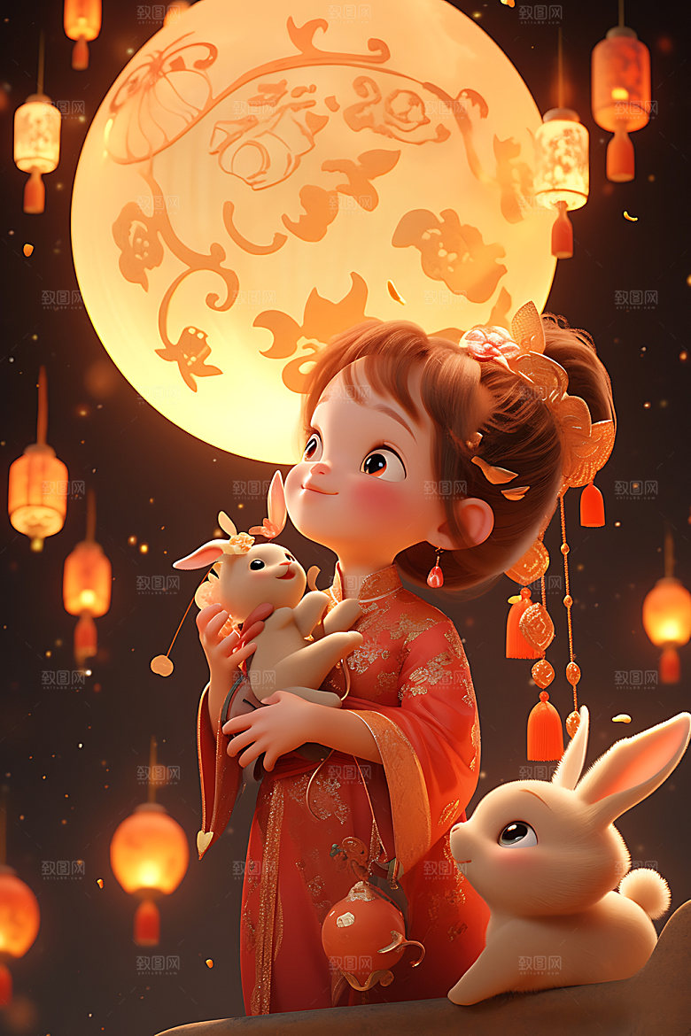 中秋玉兔卡通月圆插画
