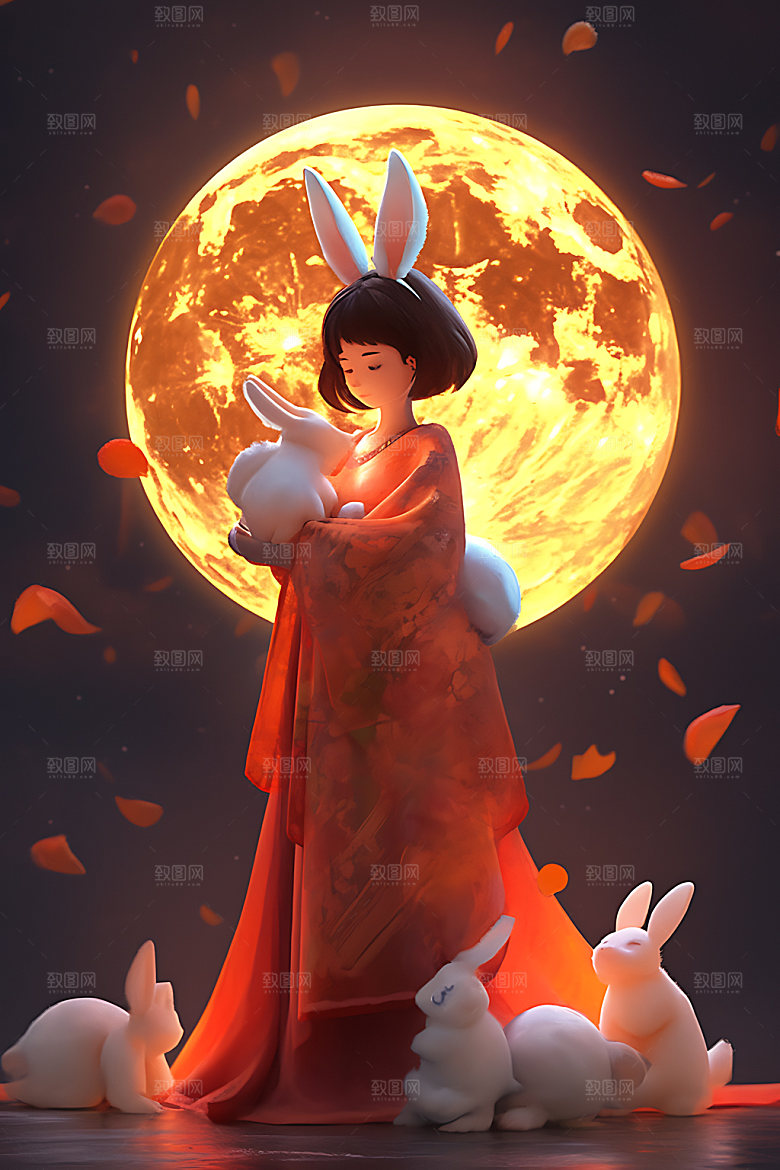 中秋玉兔月圆嫦娥插画