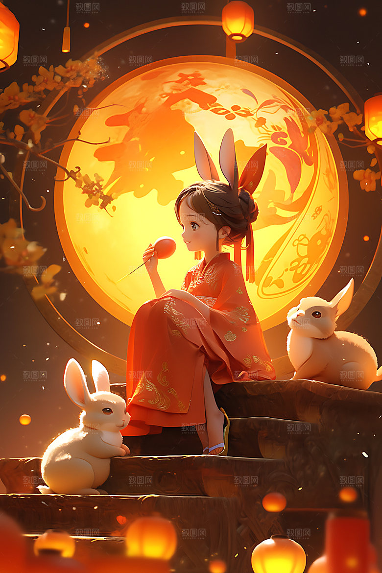 中秋玉兔唯美卡通插画