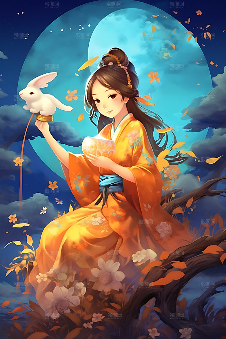 中秋玉兔卡通嫦娥插画