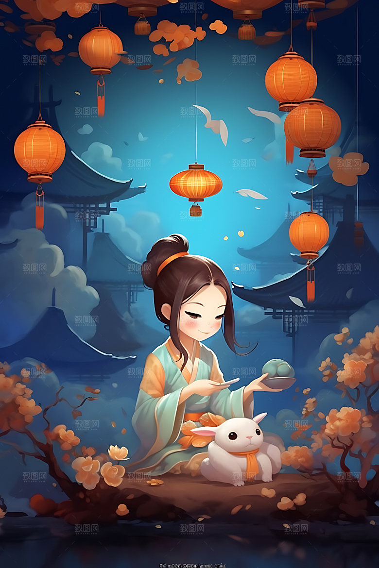 中秋玉兔月圆卡通插画