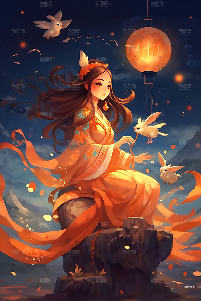 中秋玉兔手绘唯美插画