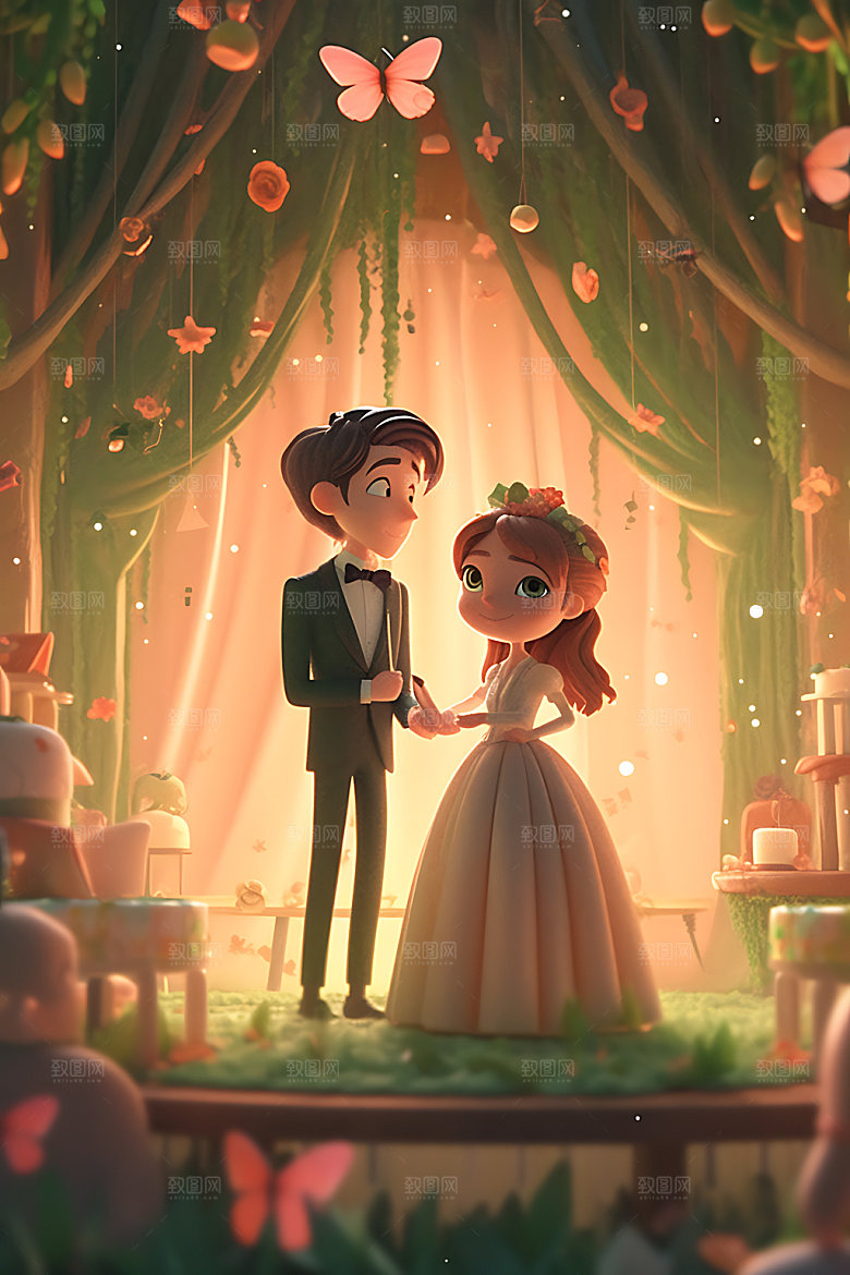 卡通婚礼甜蜜夫妻插画