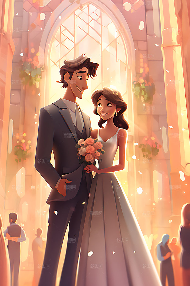 卡通婚礼人物夫妻插画