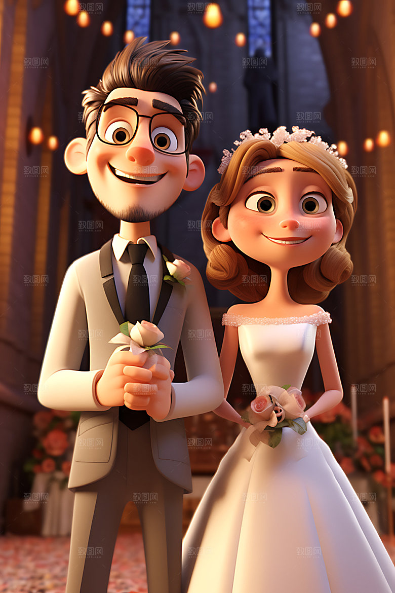卡通婚礼人物唯美插画