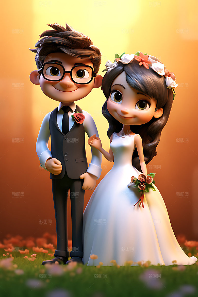 卡通婚礼唯美夫妻插画