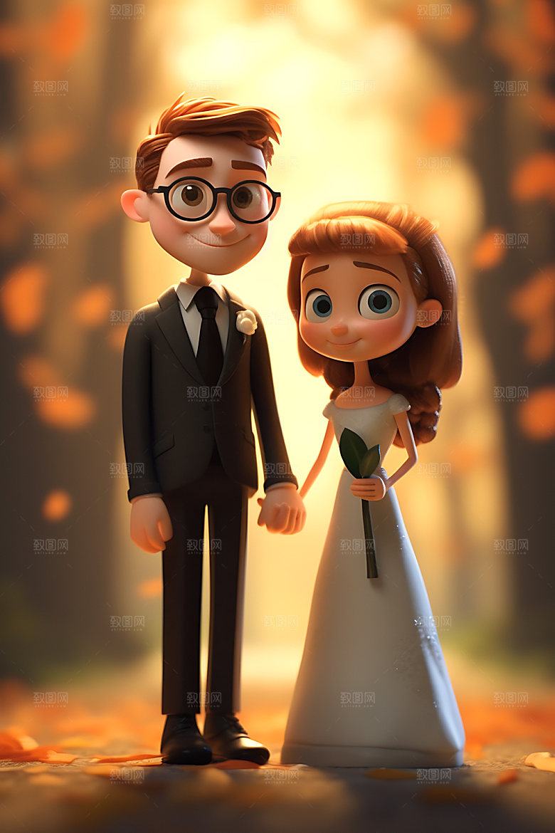卡通婚礼情侣唯美插画