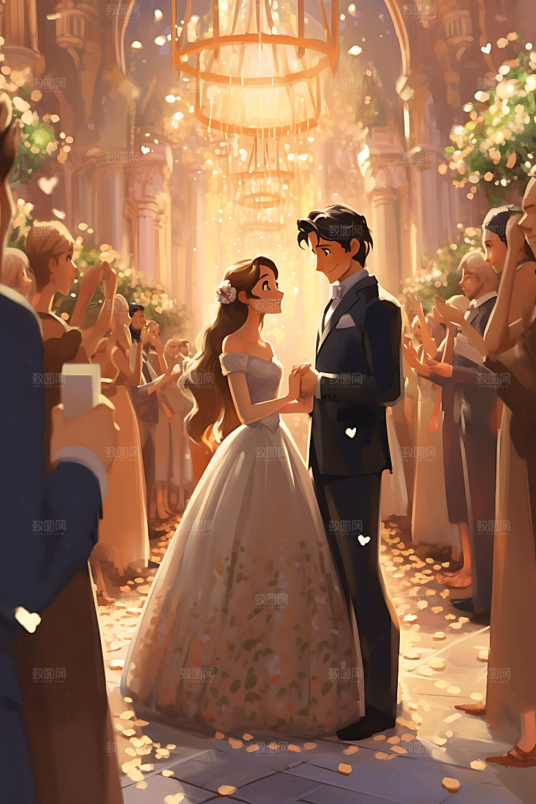 卡通婚礼浪漫情侣插画