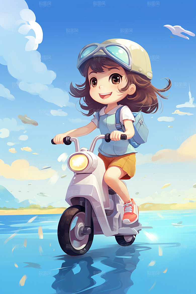 骑电动车场景唯美插画