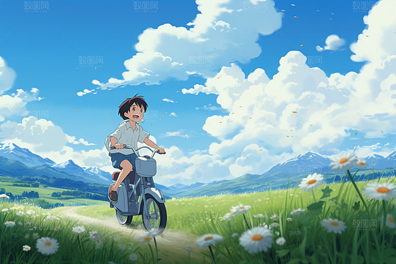 骑电动车休闲场景插画