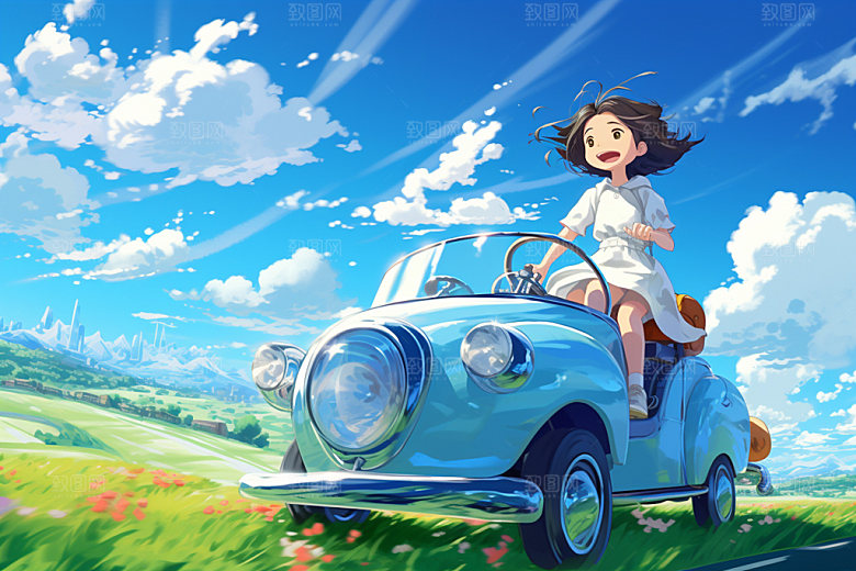 骑电动车艺术场景插画