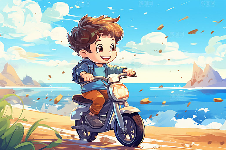 骑电动车唯美高清插画