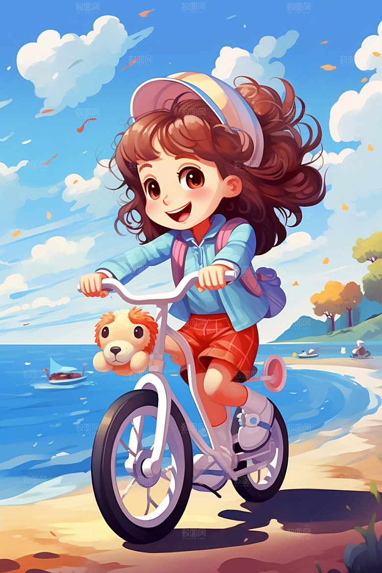 骑电动车卡通高清插画