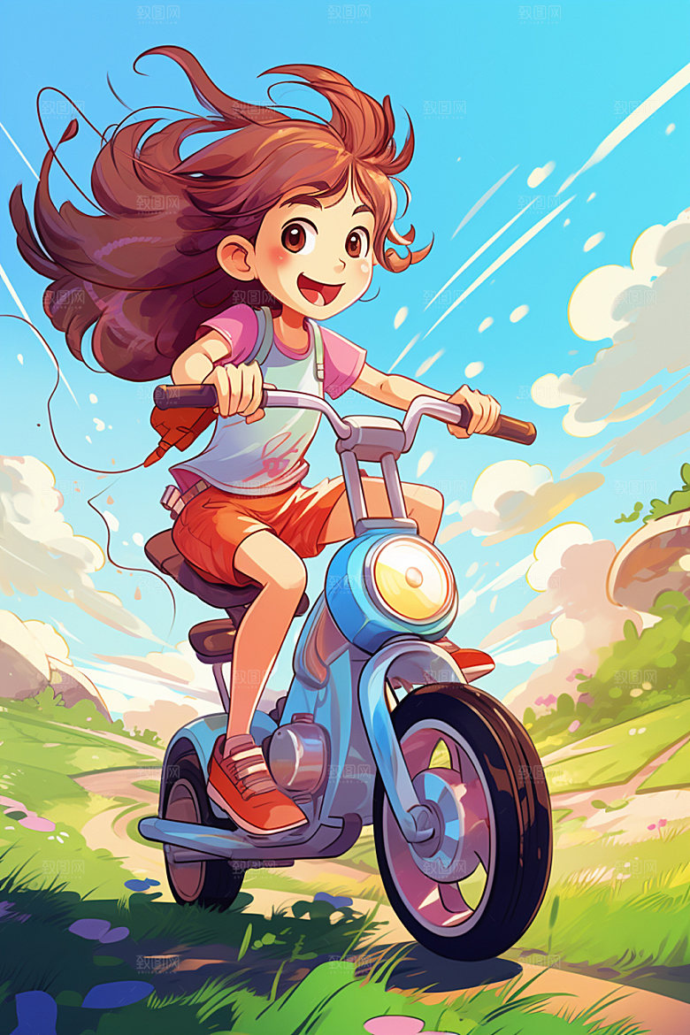 骑电动车艺术人物插画