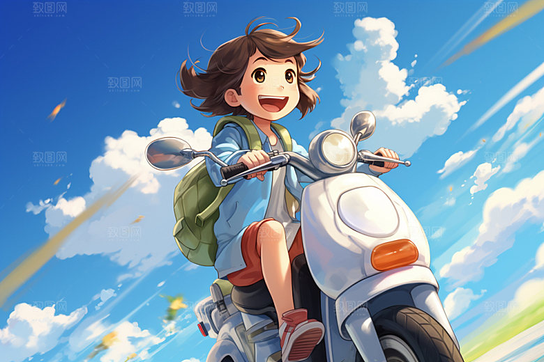 骑电动车场景唯美插画