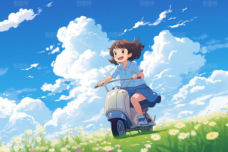 骑电动车时尚艺术插画