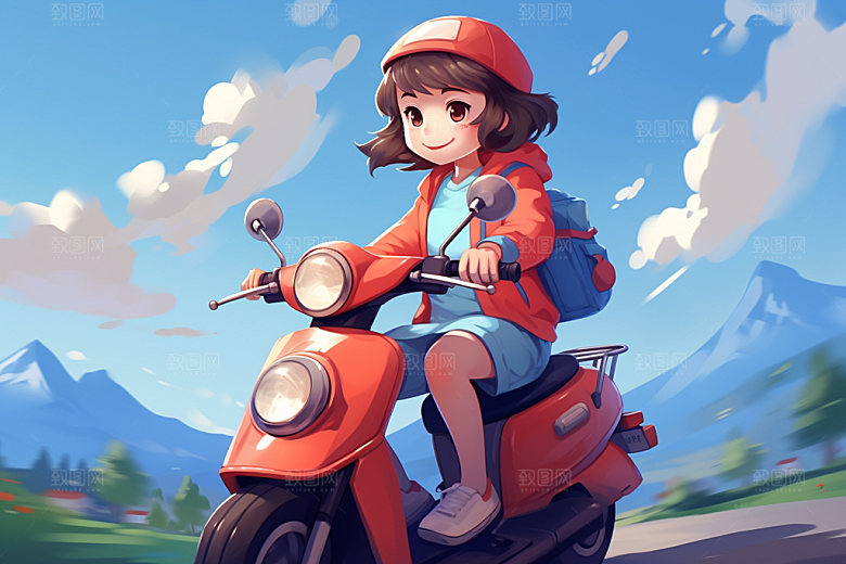 骑电动车卡通人物插画