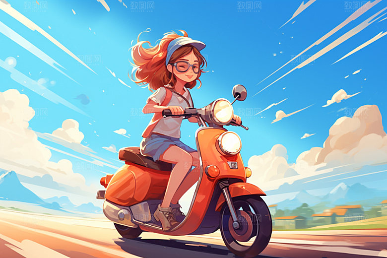 骑电动车高清场景插画