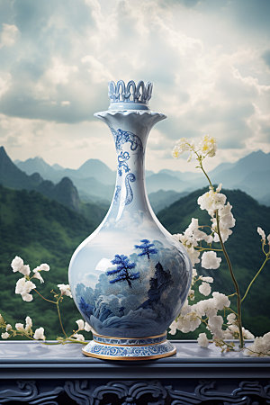 青花瓷艺术品瓷瓶摄影图