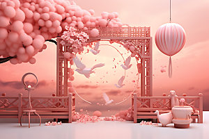 七夕粉色传统节日模型