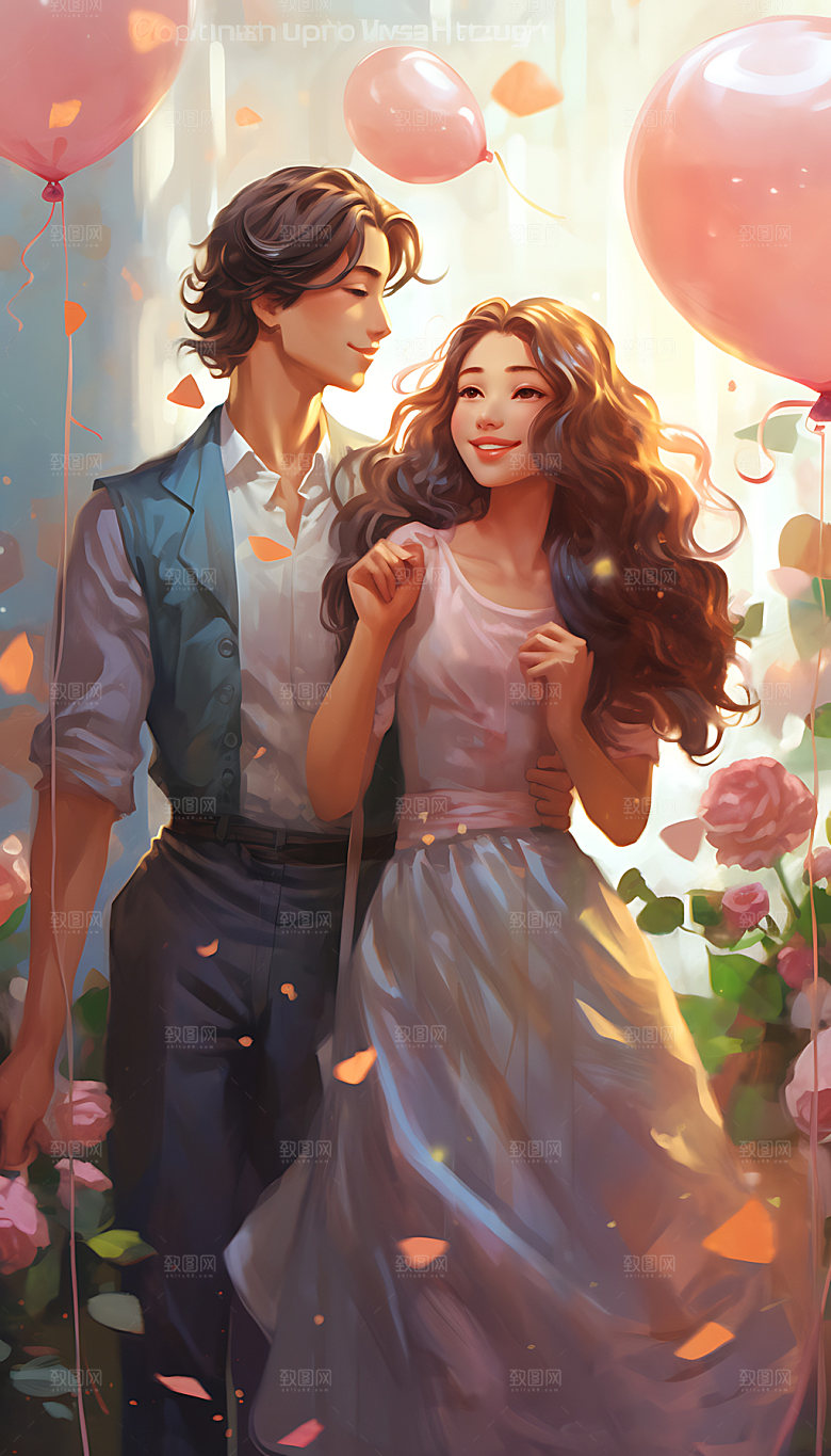 情人节情侣浪漫手绘插画