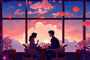 情人节晚餐告白恋爱插画