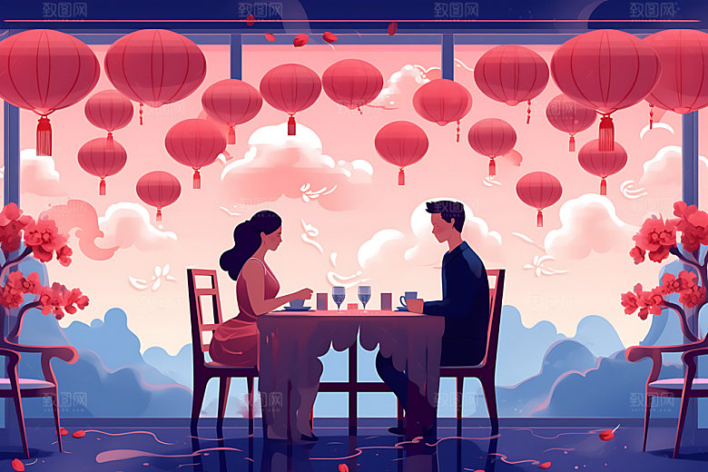 情人节晚餐恋爱唯美插画