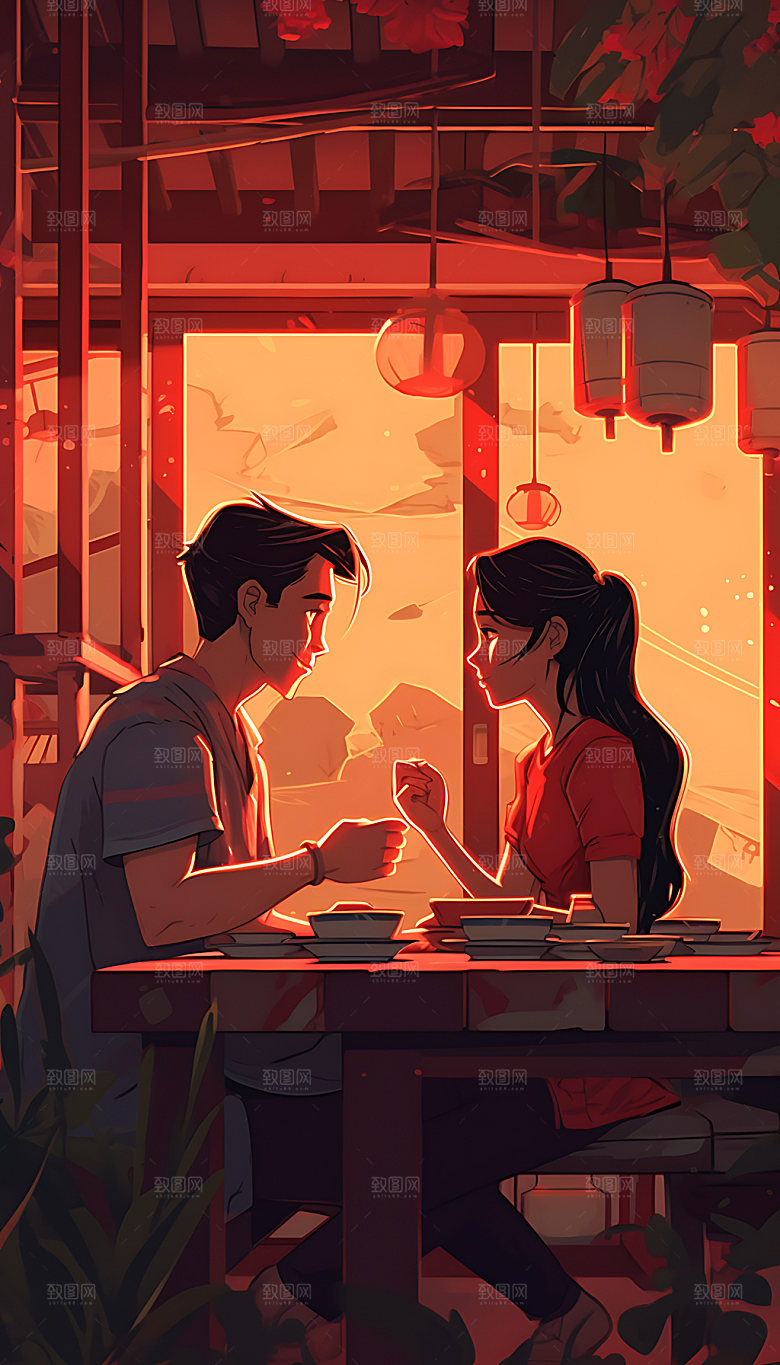 情人节晚餐爱情唯美插画