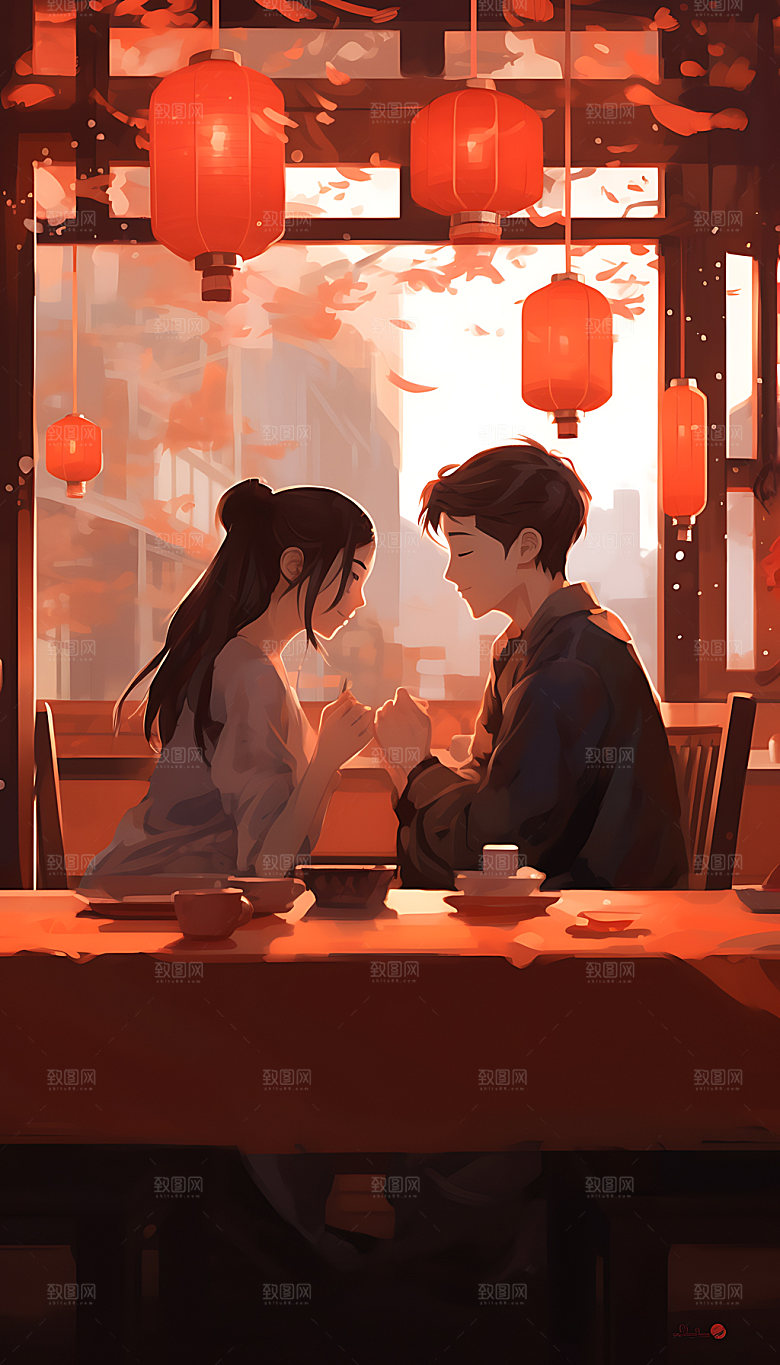 情人节晚餐手绘爱情插画