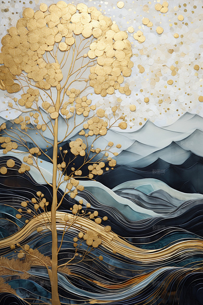 轻奢山水风景自然金箔画