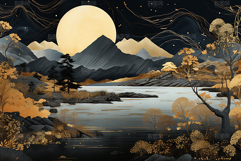 轻奢山水层次风光金箔画