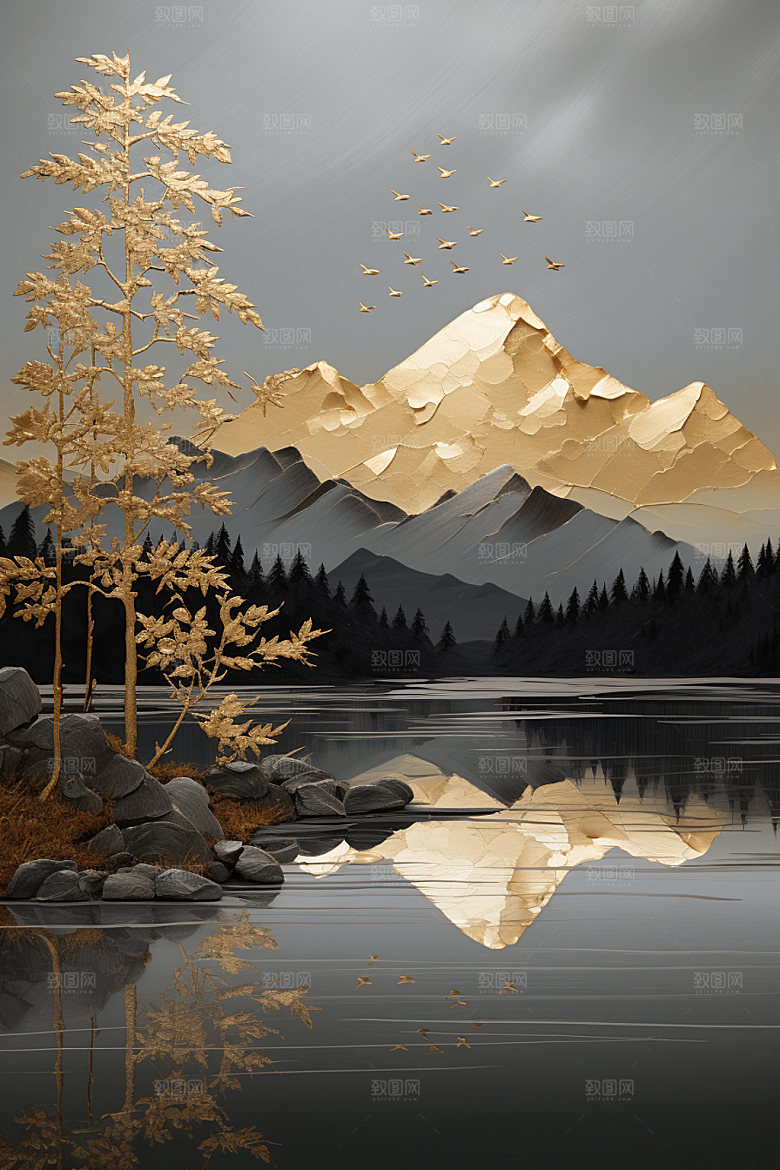 轻奢山水高级感层次金箔画