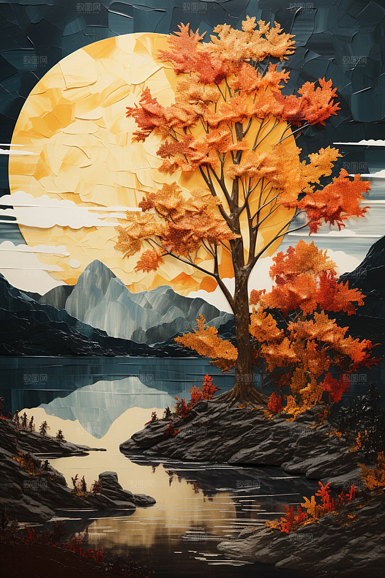 轻奢山水立体艺术金箔画