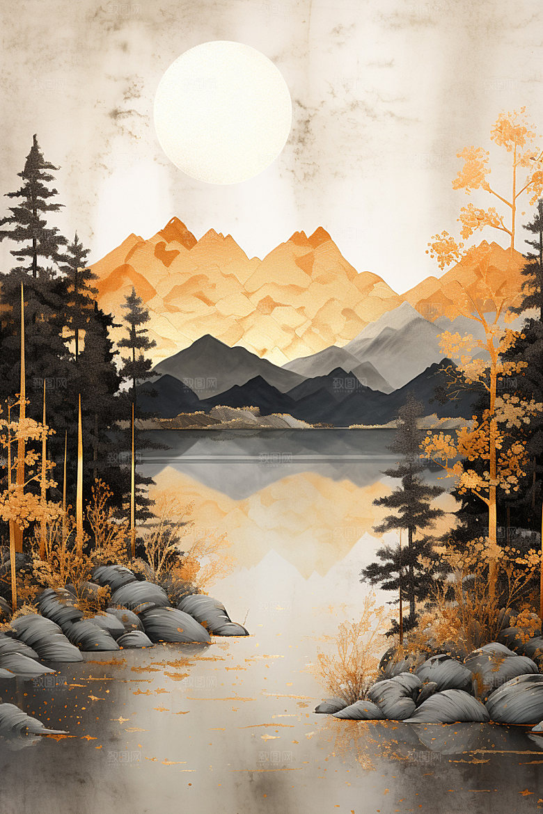 轻奢山水风景自然金箔画
