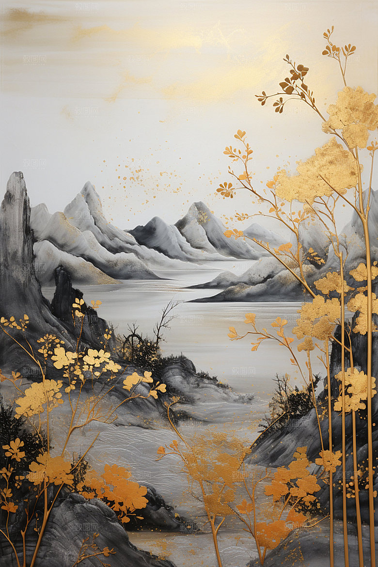 轻奢山水高级感风景金箔画