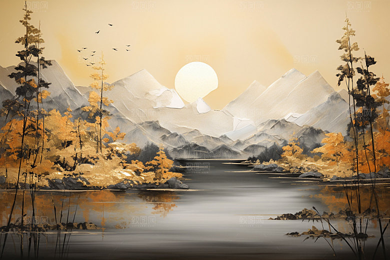 轻奢山水层次风景金箔画