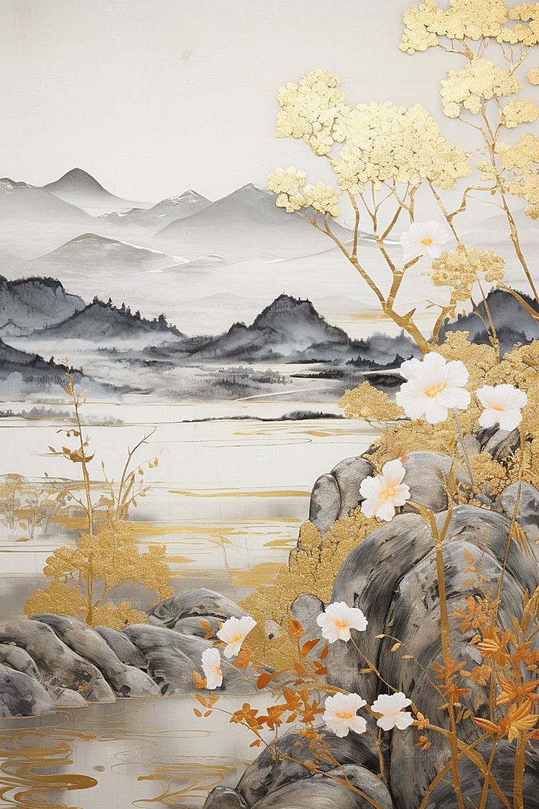 轻奢山水艺术自然金箔画