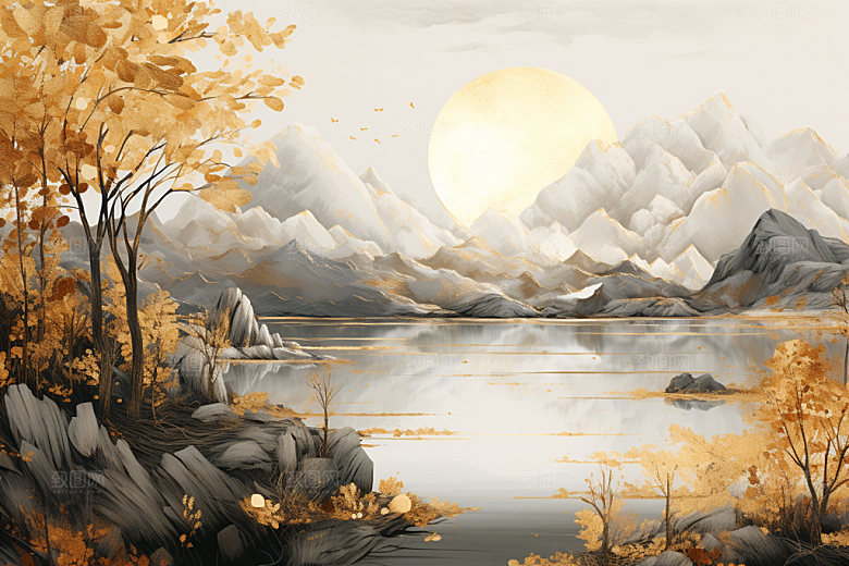 轻奢山水风景质感金箔画