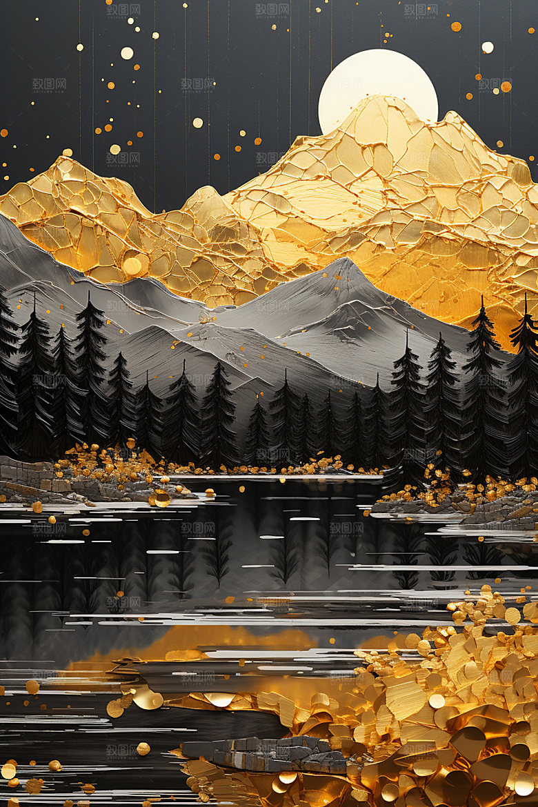 轻奢山水风景立体金箔画