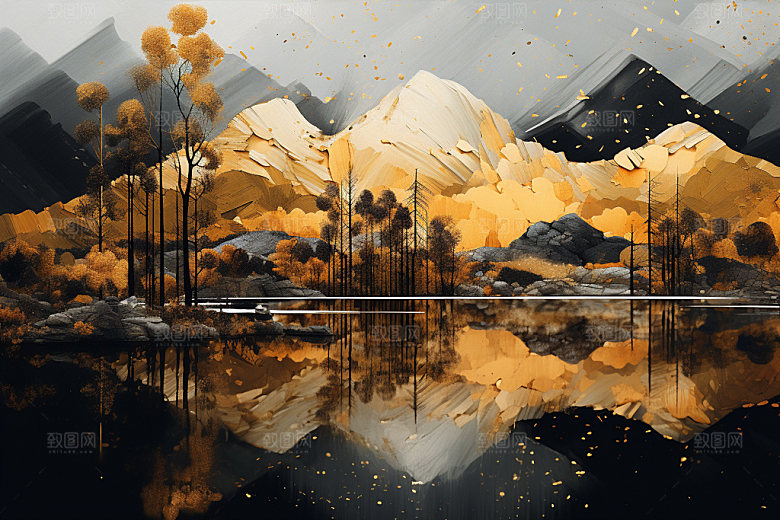 轻奢山水立体风光金箔画