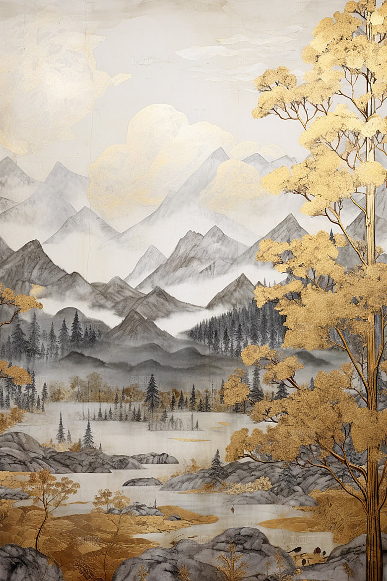 轻奢山水自然风光金箔画