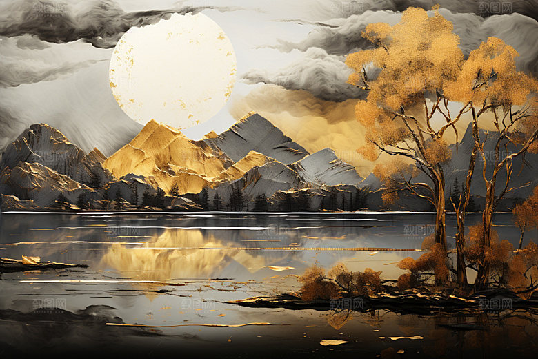 轻奢山水风景质感金箔画