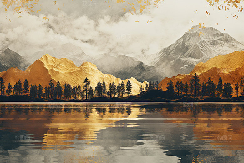 轻奢山水风光自然金箔画