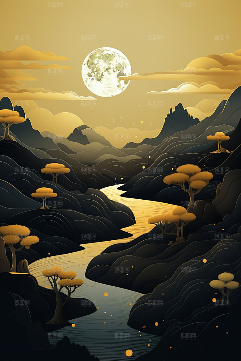 轻奢山水立体风光金箔画