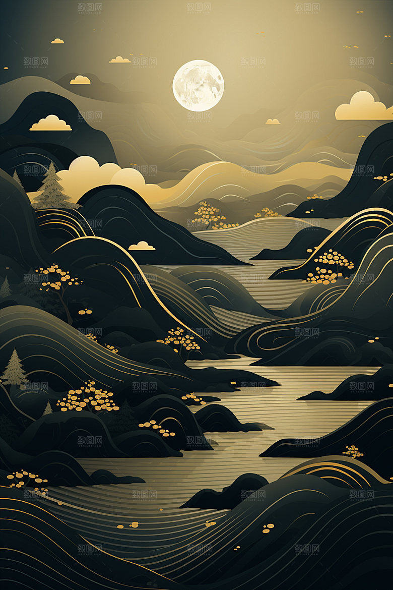 轻奢山水艺术高级感金箔画