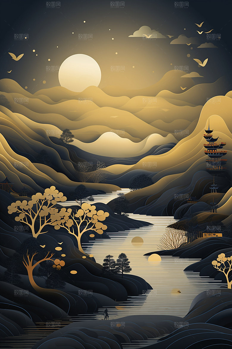 轻奢山水艺术质感金箔画